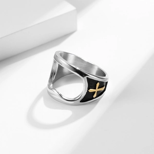 Vintage stainless steel cross ring with bottle opener function and black enamel finish