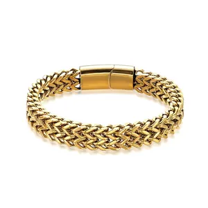 Men's double row braided wheat chain bracelet in gold finish with large magnetic clasp