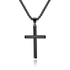 Polished Stainless Steel Cross Pendant Necklace For Men Women Minimalist Rhombus Geometric Jewelry With Box Chain Accessories