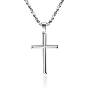 Polished silver titanium steel diamond-cut cross necklace with heavy link chain for unisex wear