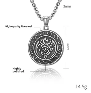 Detail view of 35mm Viking dragon pendant with Celtic knot on a 3mm stainless steel chain