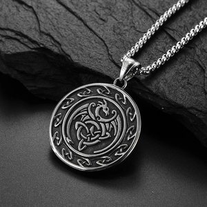 Nordic Viking Celtic dragon pendant necklace in vintage silver finish stainless steel
