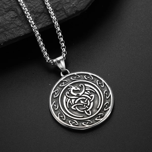 Nordic Viking Celtic dragon round pendant necklace in retro stainless steel with box chain
