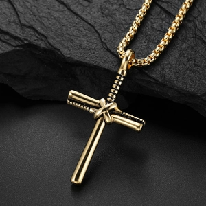 Heren gouden roestvrijstalen honkbal kruis hanger ketting met doos ketting op zwarte rots