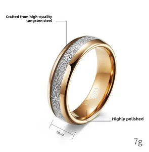 Détail d'une bague en carbure de tungstène de 6mm avec bords or rose et incrustation