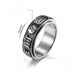 Detail view of 8mm stainless steel rotating ring with Tai Chi symbols and patterns
