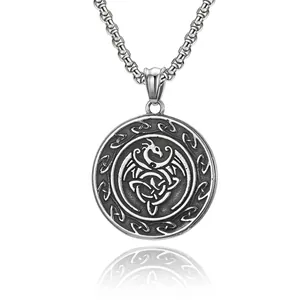 Nordic Viking necklace with stainless steel round dragon pendant and Celtic knot engraving