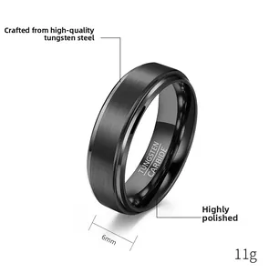 Detail of 6mm black tungsten ring showing brushed finish surface and 11g weight label