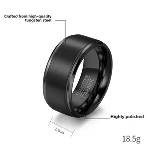 Detail view of 10mm matte brushed black tungsten ring with polished edges and weight info