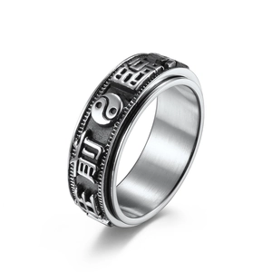 Retro spinning titanium steel ring with rotating Tai Chi and Bagua relief patterns