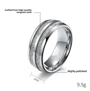 Detail of 8mm tungsten carbide ring featuring double grooves and meteorite texture finish