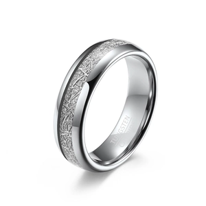 Anello in Carburo di Tungsteno per Uomo Donna Intarsio di Meteorite Lucido Fede Nuziale Minimalista Gioielli Regalo