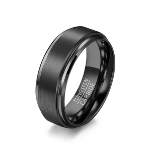 Matte brushed black tungsten carbide ring for men with polished beveled edges