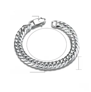 Close-up of polished silver steel Cuban link bracelet, 10mm width and 200mm length
