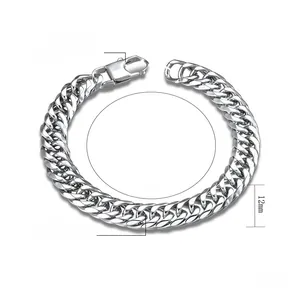 Polished stainless steel Cuban link bracelet with 12mm width and lobster clasp detail