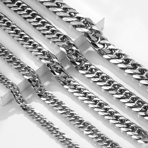 Unisex stainless steel Cuban link chains in five different widths on white podiums