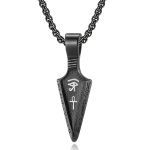 Stainless Steel Egyptian Eye Of Horus Ankh Spearhead Pendant Necklace For Men Retro Carbon Fiber Inlaid Polished Jewelry