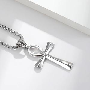 Collier croix Ankh en acier titane argenté poli avec chaîne à billes pour femmes et hommes