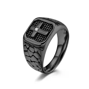 Vintage Cross Stainless Steel Signet Ring For Men With Rhinestone Inlay Retro Punk Biker Party Jewelry Fashion Finger Ring