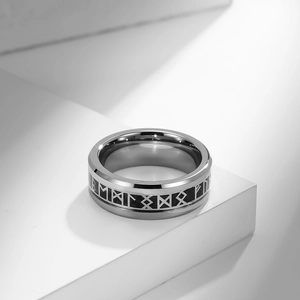 Nordic Viking runes tungsten steel ring for men featuring black enamel finish on white block