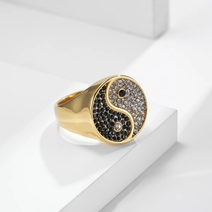 Gold Tai Chi Yin Yang signet ring with micro-paved black and white cubic zirconia stones
