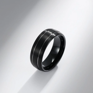 Matte black tungsten ring for men featuring dual silver grooves and a brushed finish