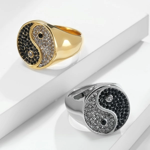 Vintage stainless steel Tai Chi rings with black and white rhinestones in gold and silver