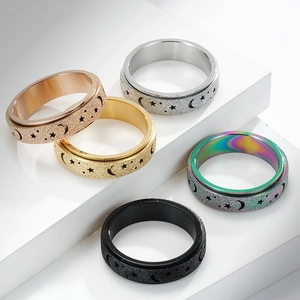 Five-piece star and moon spinning fidget ring set in colorful stainless steel