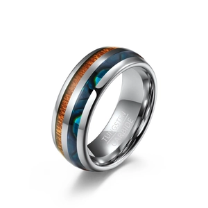 Wolframkarbid Ring mit blauer Abalone-Muschel Einlage und natürlichen Holz-Einsätzen