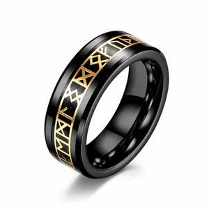 Nordic Viking Rune Tungsten Steel Ring For Men Women Black Steel Polished Band Ring Vintage Jewelry Fashion Accessory