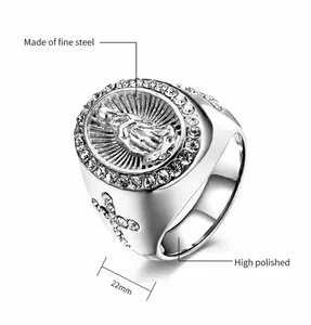 Macro detail of Guadalupe Virgin Mary ring with crystal inlay and 22mm width dimension