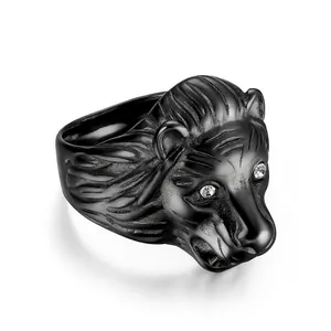 Lion Head Ring Stainless Steel Rhinestone Eyes Hip Hop Punk Domineering Men Jewelry Polished Animal Shaped Finger Ring