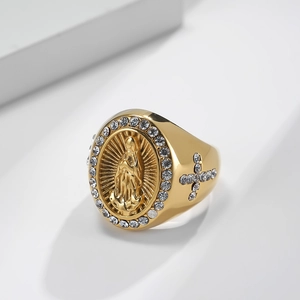 18K gold plated stainless steel Virgin Mary ring with sparkling crystal cross accents