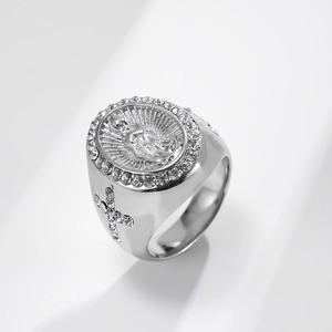 Silver Virgin Mary signet ring with inlaid crystals and side cross detail in hiphop style