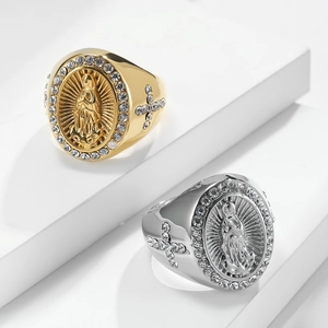 Polished Virgin Mary signet ring with crystals in gold and silver hip-hop style