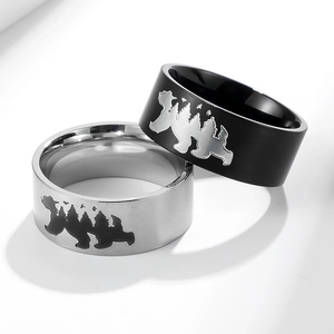 Bague en Acier Inoxydable Silhouette Ours Polaire Forêt Carte du Monde Bande Large pour Homme Femme Bijoux Style Voyage