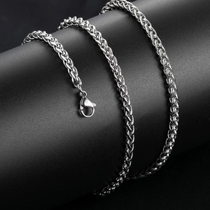 Polished silver stainless steel wheat chain necklace with lobster clasp for men