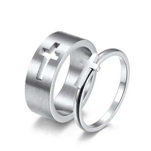 Vintage Stainless Steel Cross Couple Rings Hollow Out Design For Men Women Black Silver Polished Brushed Wedding Jewelry Finger Ring