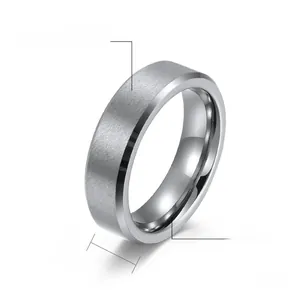 Detail view of 6mm brushed tungsten steel ring with polished edges and grey metal finish