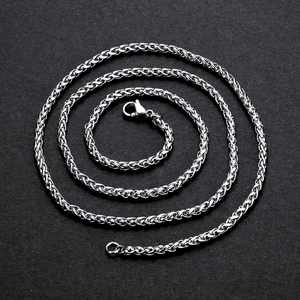 Polished stainless steel wheat chain necklace with lobster clasp for men on black background
