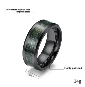 Detailed view of 8mm tungsten steel ring with green Celtic dragon pattern and high polish