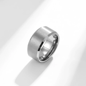 Minimalist brushed tungsten steel ring with polished beveled edges and matte finish
