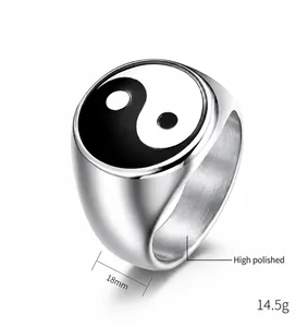 Detail of silver stainless steel Tai Chi Yin Yang signet ring with 18mm size specs