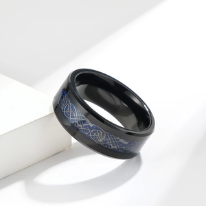 Black tungsten steel ring for men featuring a blue carbon fiber inlay with silver dragon motif