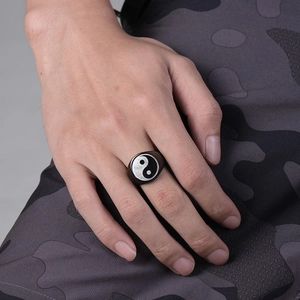 Vintage stainless steel Yin Yang signet ring for men featuring a black matte finish