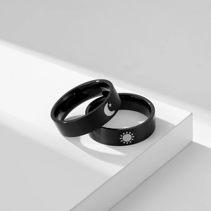 Matte black stainless steel couple rings set with sun moon and stars engraving