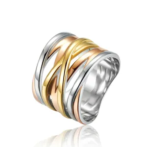 Geflochtener Edelstahlring Für Damen Herren Verflochtene Durchbrochene Eingelegte Strass Gold Silber Tricolor Band Schmuck