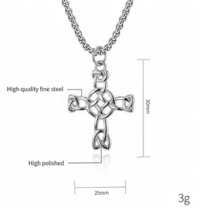 Detailed view of Celtic knot stainless steel cross pendant with 30mm x 25mm dimensions