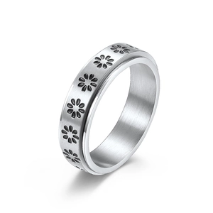 Stress relief rotating daisy ring in brushed stainless steel for men and women