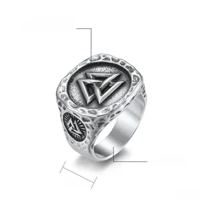 Macro view of Nordic Viking Odin ring showing polished steel details and Valknut symbols